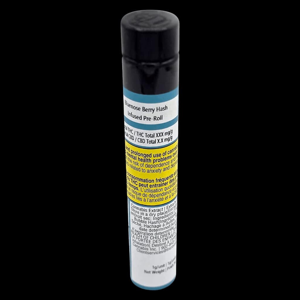 Bluenose Berry Hash Infused Pre-Roll 1g tube with black cap and blue band, displaying product label and Health Canada warnings