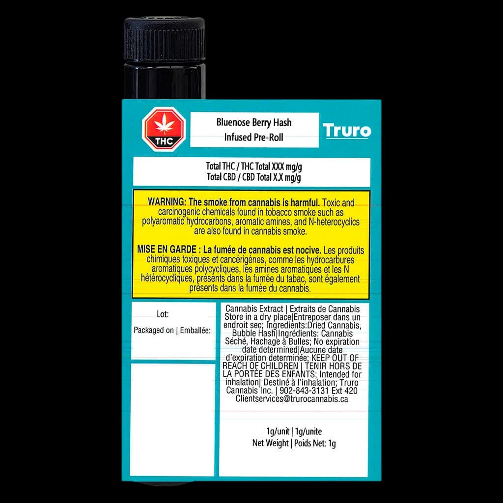 Truro Bluenose Berry Hash Infused Pre-Roll 1g with turquoise packaging showing THC warning label and bilingual Health Canada text