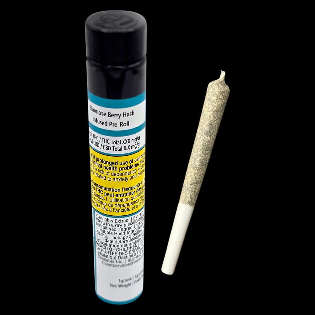 Bluenose Berry Hash Infused Pre-Roll in branded tube packaging with yellow Health Canada warning label, displayed next to the actual pre-roll