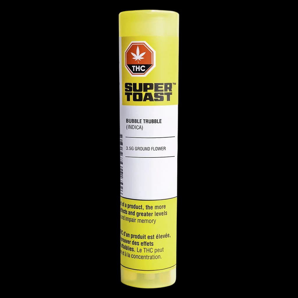Fleur séchée moulue Bubble Trubble Indica de Super Toast, 3,5 g, dans un contenant tubulaire jaune avec symbole THC