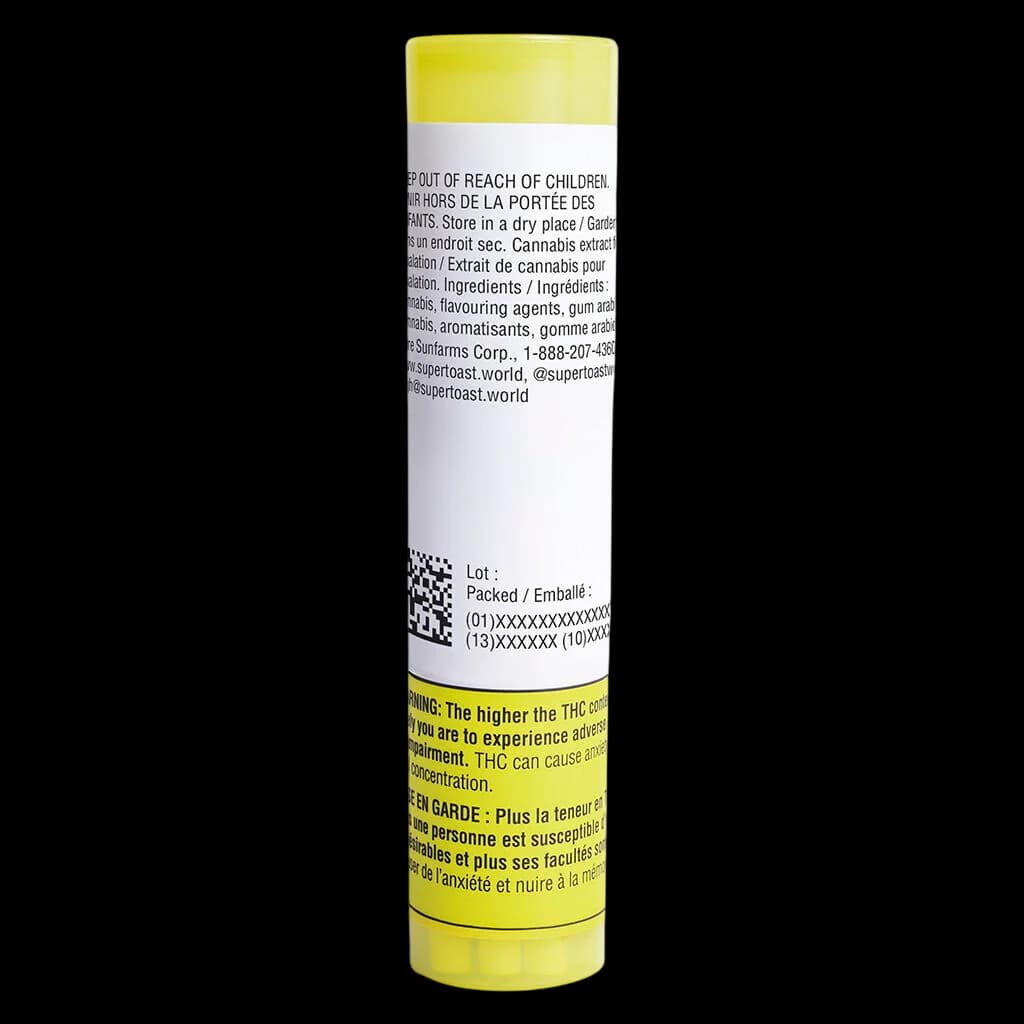 Tube d'extrait de cannabis Super Toast Pop n' Pour Bubble Trubble, jaune avec étiquette blanche, vue arrière montrant les mises en garde et les ingrédients