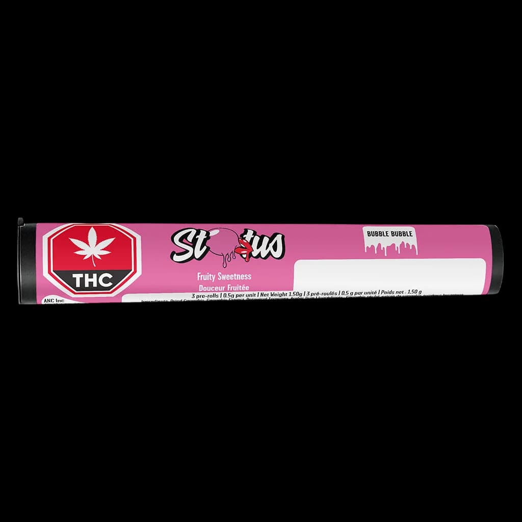 Status Bubble Bubble pre-roll pack, 5-pack Fruity Sweetness flavor, 1.5g total weight, pink packaging with THC symbol