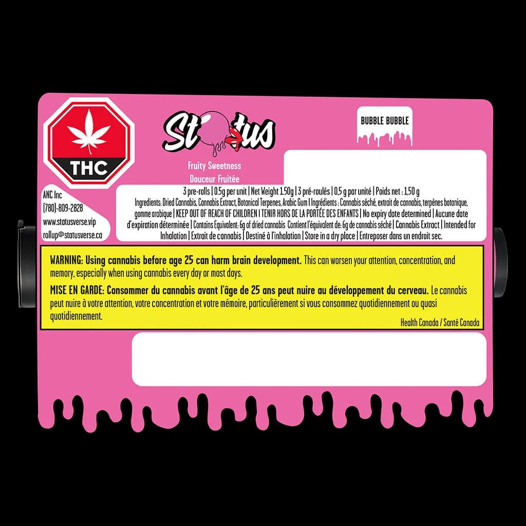 Slurricane 3-pack pre-rolls by Status, 1.5g total weight, Bubble Bubble cannabis product with pink packaging and THC warning label