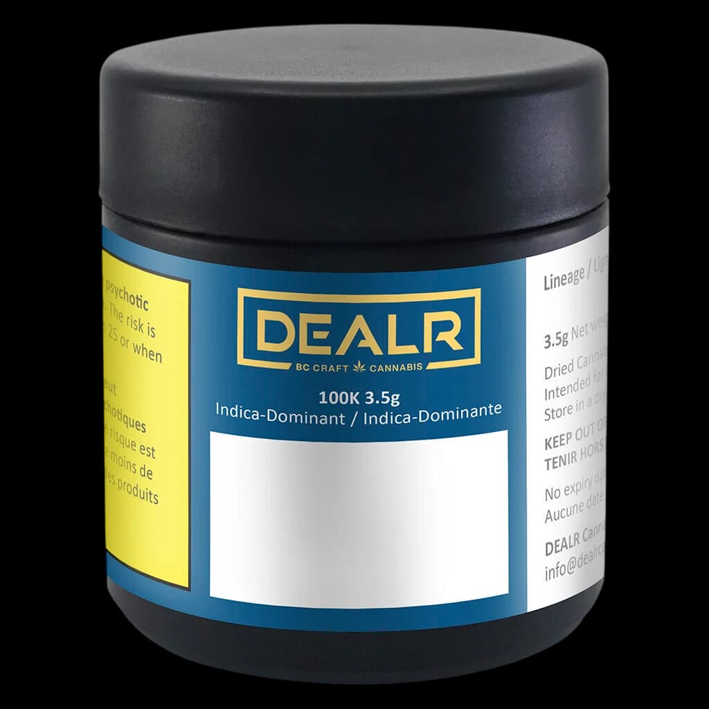 DEALR 100K 3.5g Indica-Dominant dried cannabis flower in blue and black jar with black lid