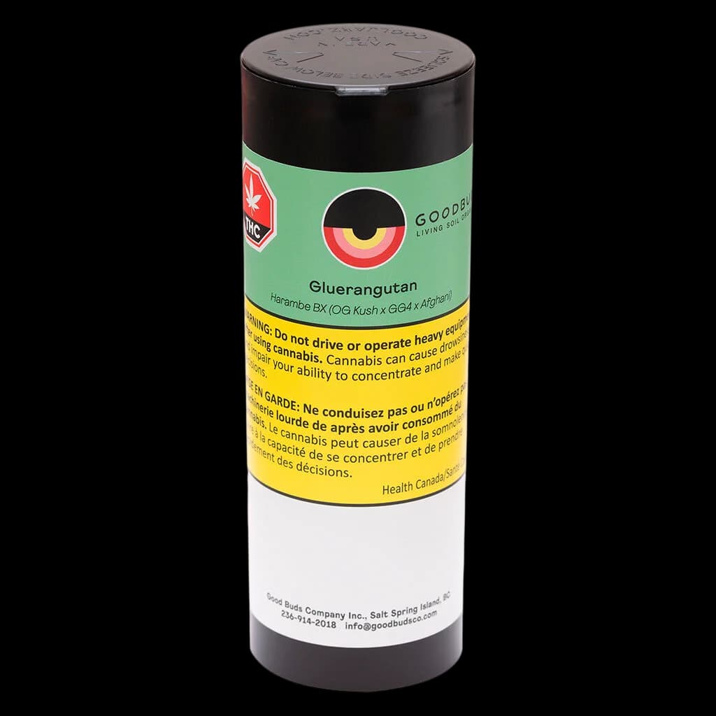 Good Buds Gluerangutan dried flower cannabis in sealed cylindrical container with green and yellow label showing strain name and health warnings