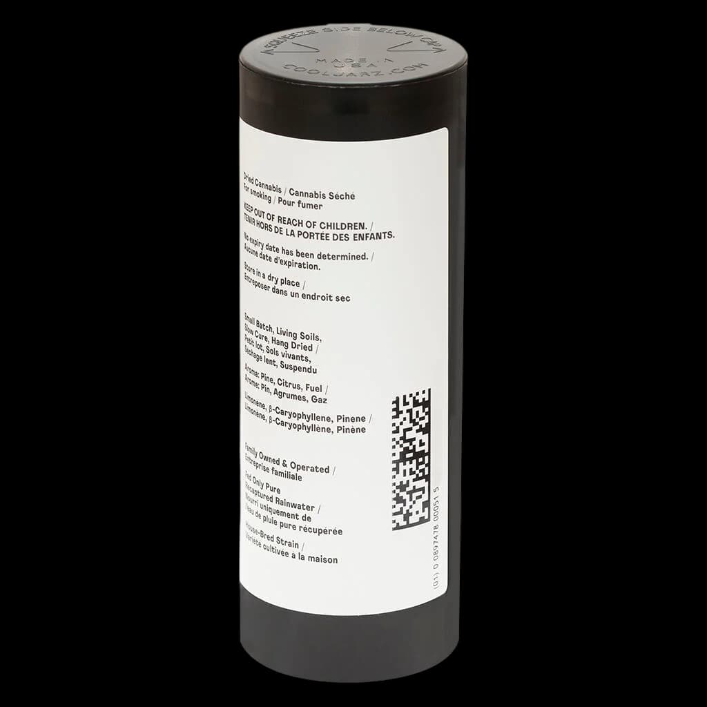 Good Buds Gluerangutan dried cannabis flower in black and white cylindrical packaging with bilingual warning labels and QR code