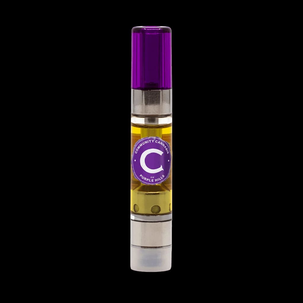 Cartouche de vapotage 510 Community Cannabis Purple Hills avec huile jaune et embout violet