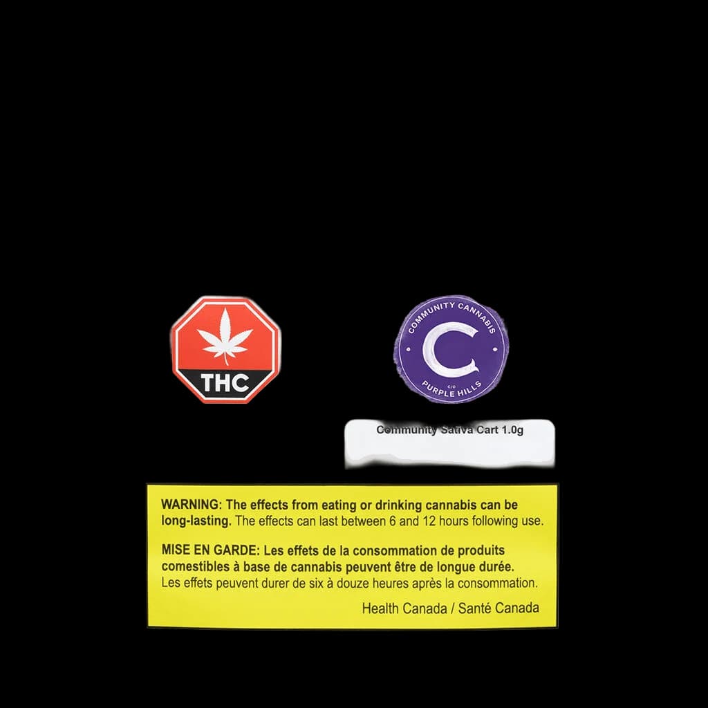Cartouche de vapotage de cannabis Community Sativa 1,0 g avec symbole d'avertissement THC et étiquette d'avertissement de Santé Canada pour les produits comestibles