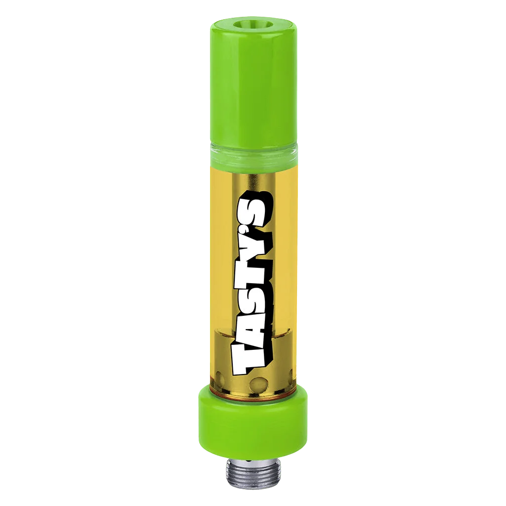 Tasty's Green Apple 510 thread cartridge with bright green cap and gold oil chamber