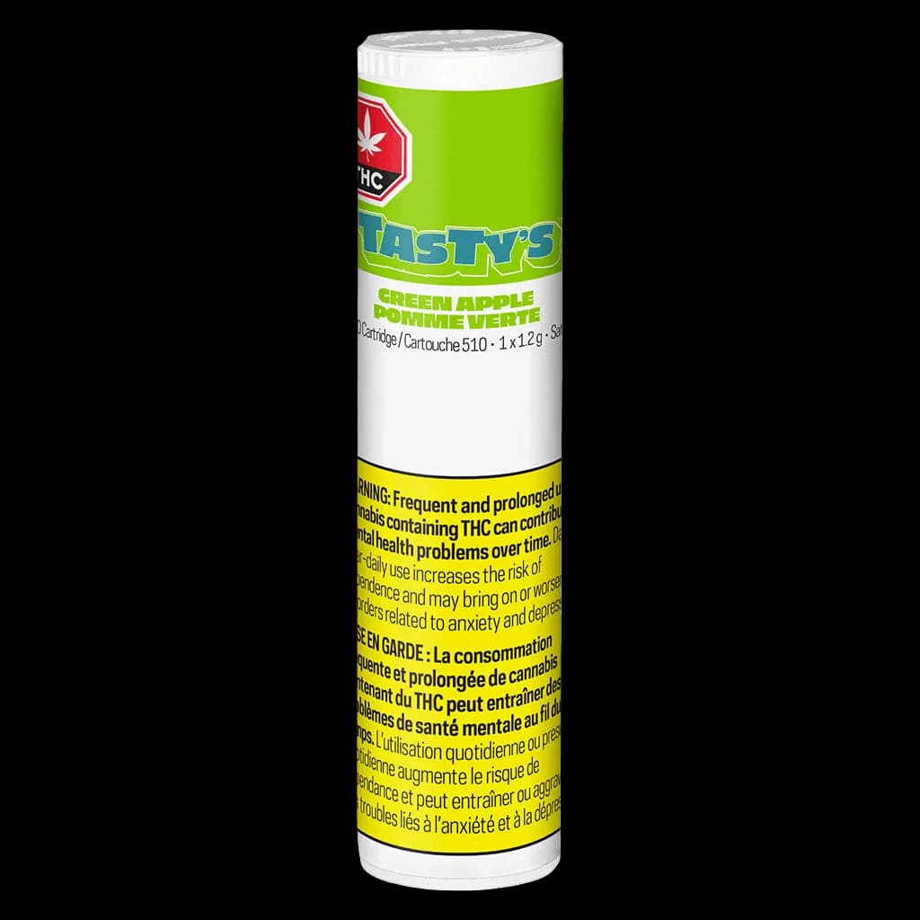 Tasty's Green Apple 510 thread cannabis vape cartridge, 1x1.2g, with green and white packaging and yellow health warning label