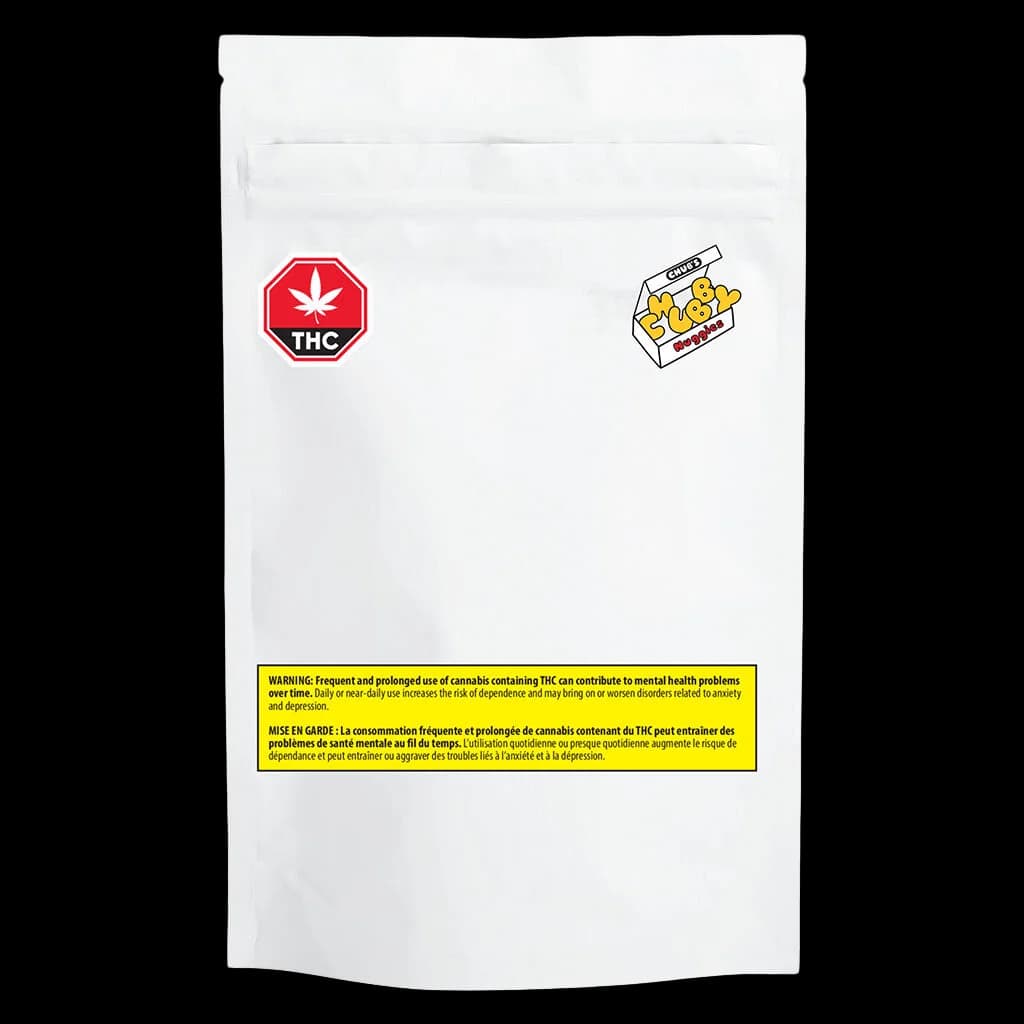 Pochette de fleurs séchées de cannabis Chubby Nuggies de Chub's avec symbole d'avertissement THC rouge et étiquette d'avertissement jaune de Santé Canada