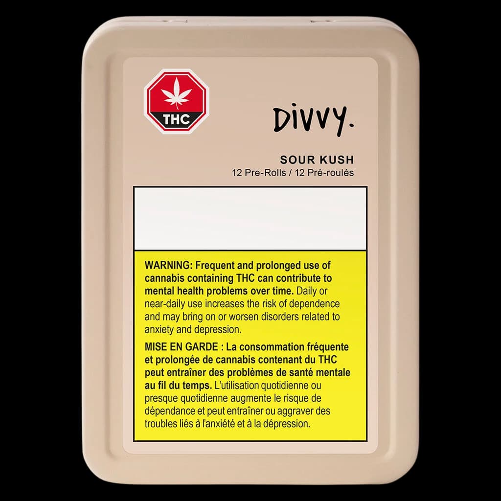 Divvy Sour Kush 12-pack pre-rolls in beige cardboard packaging with red THC symbol and health warning label