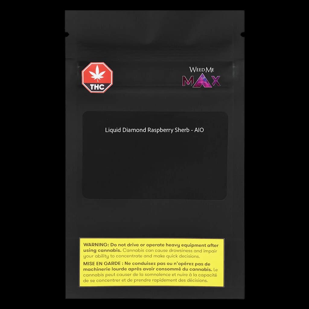 Emballage du stylo vapoteur jetable tout-en-un Liquid Diamond Raspberry Sherb de Weed Me Max avec symbole d'avertissement THC et étiquette de sécurité Santé Canada