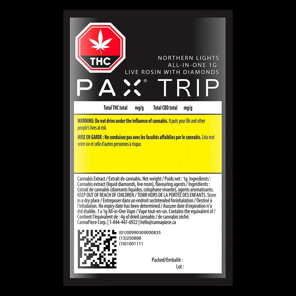 Étiquette arrière de l'emballage de la cartouche vapoteuse tout-en-un PAX Trip Northern Lights de 1 g en rosine vivante avec diamants, affichant la teneur en THC et les ingrédients d'extrait de cannabis