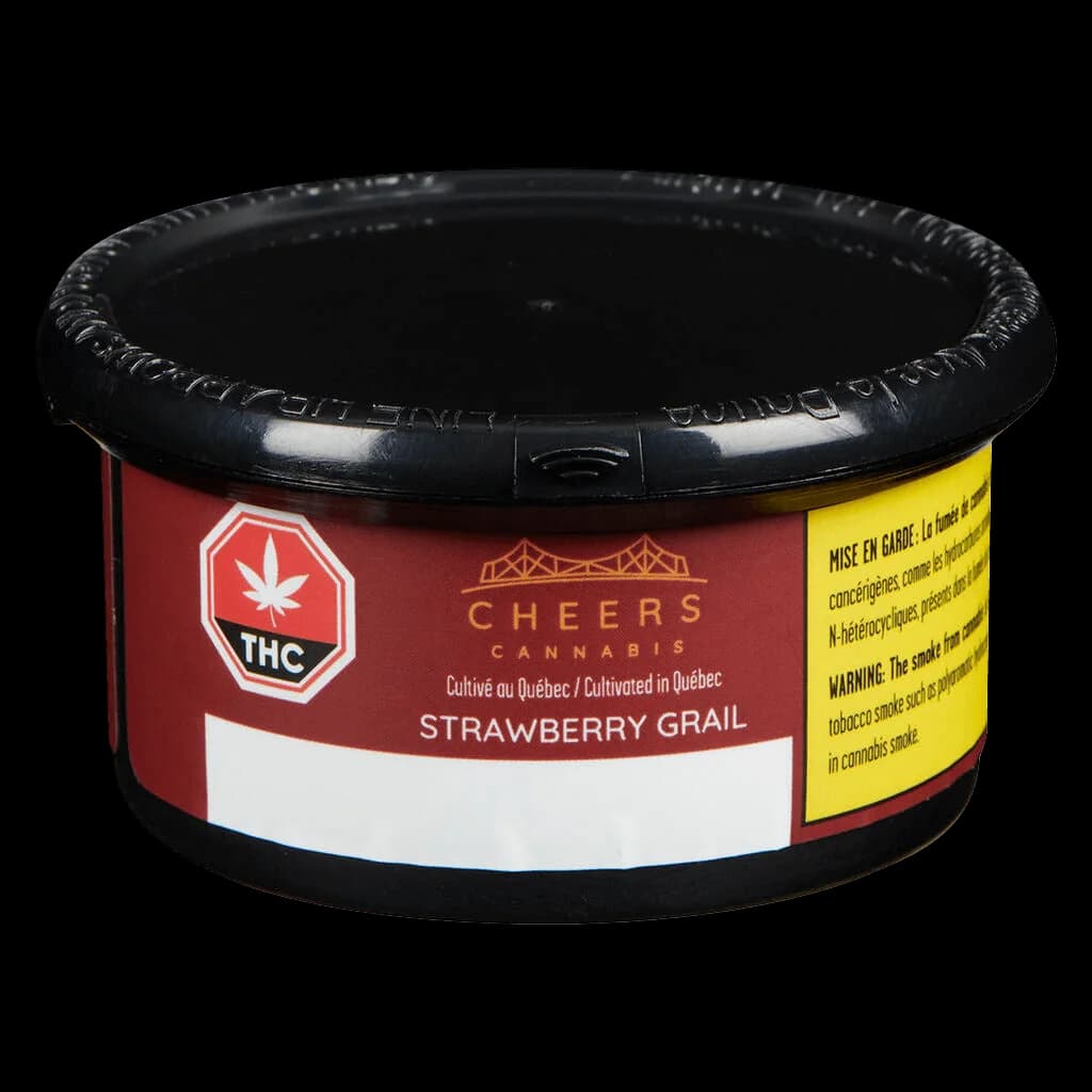 Cheers Cannabis Strawberry Grail dried flower in black plastic jar with red label showing THC symbol and yellow health warning