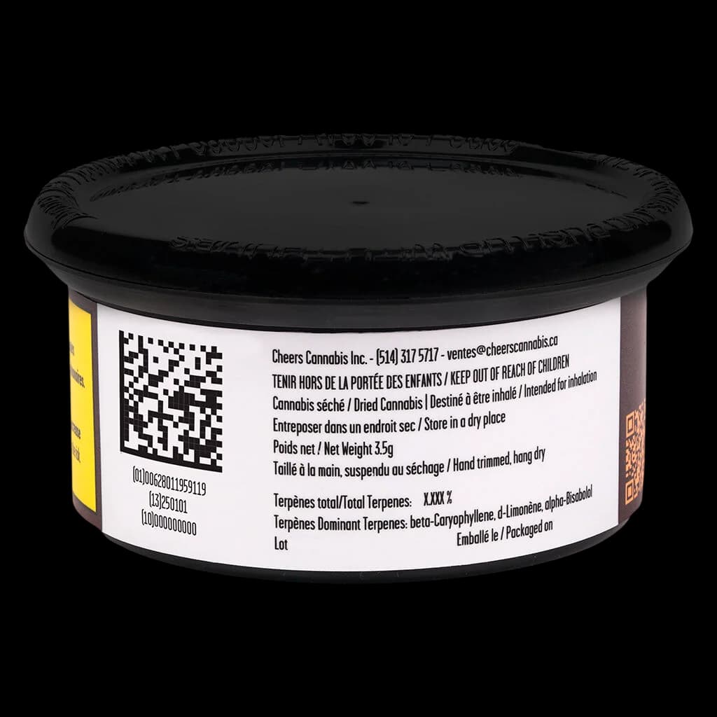 Cheers Cannabis Strawberry Grail 3.5g dried flower in black container with regulatory label showing QR code and terpene information