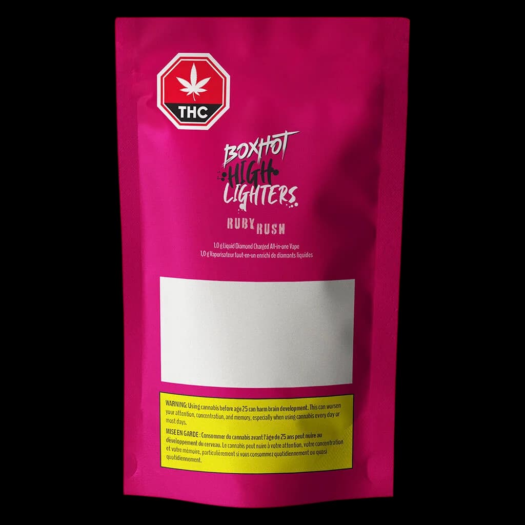 BOXHOT High Lighters Ruby Rush 10g liquid diamond charged all-in-one vape cartridge with THC symbol on magenta packaging