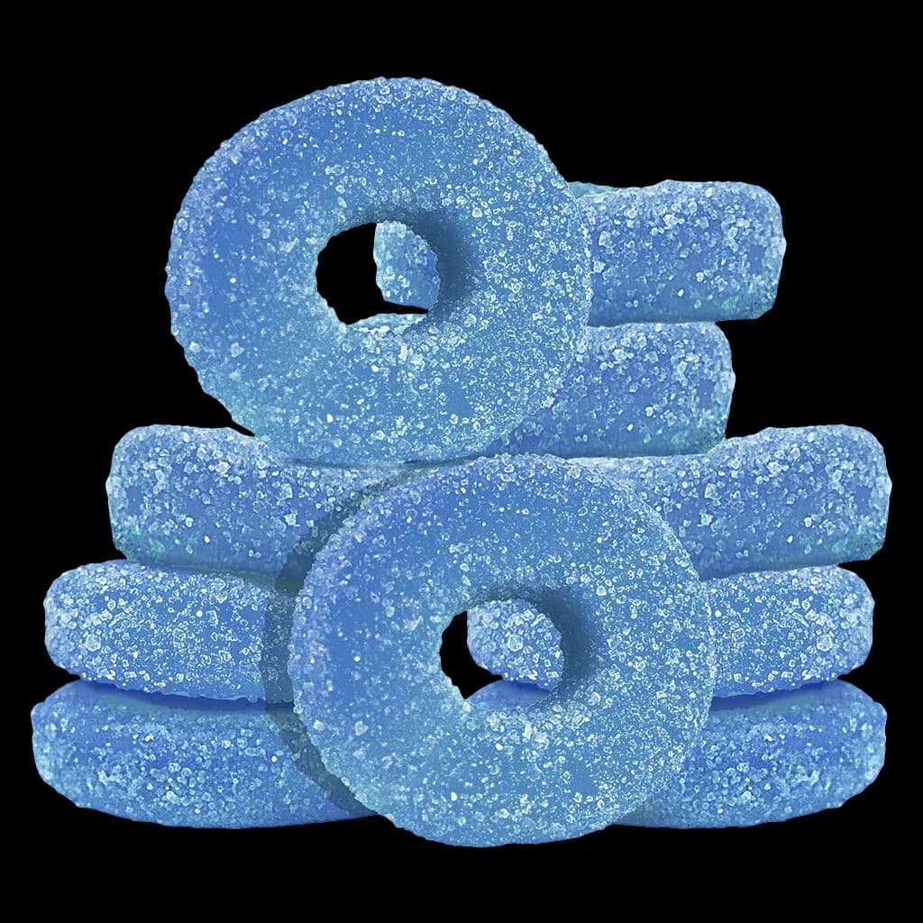 Olli O's 100 THC Blue Raspberry gummies in ring and cylinder shapes with sugar coating