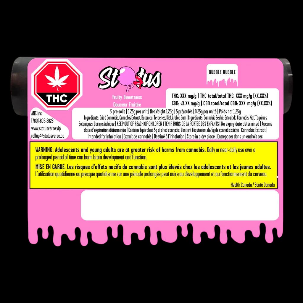 Status Bubble Bubble pre-roll pack, 5-pack 0.25g per unit, 1.25g total, fruity sweetness flavour with THC warning label