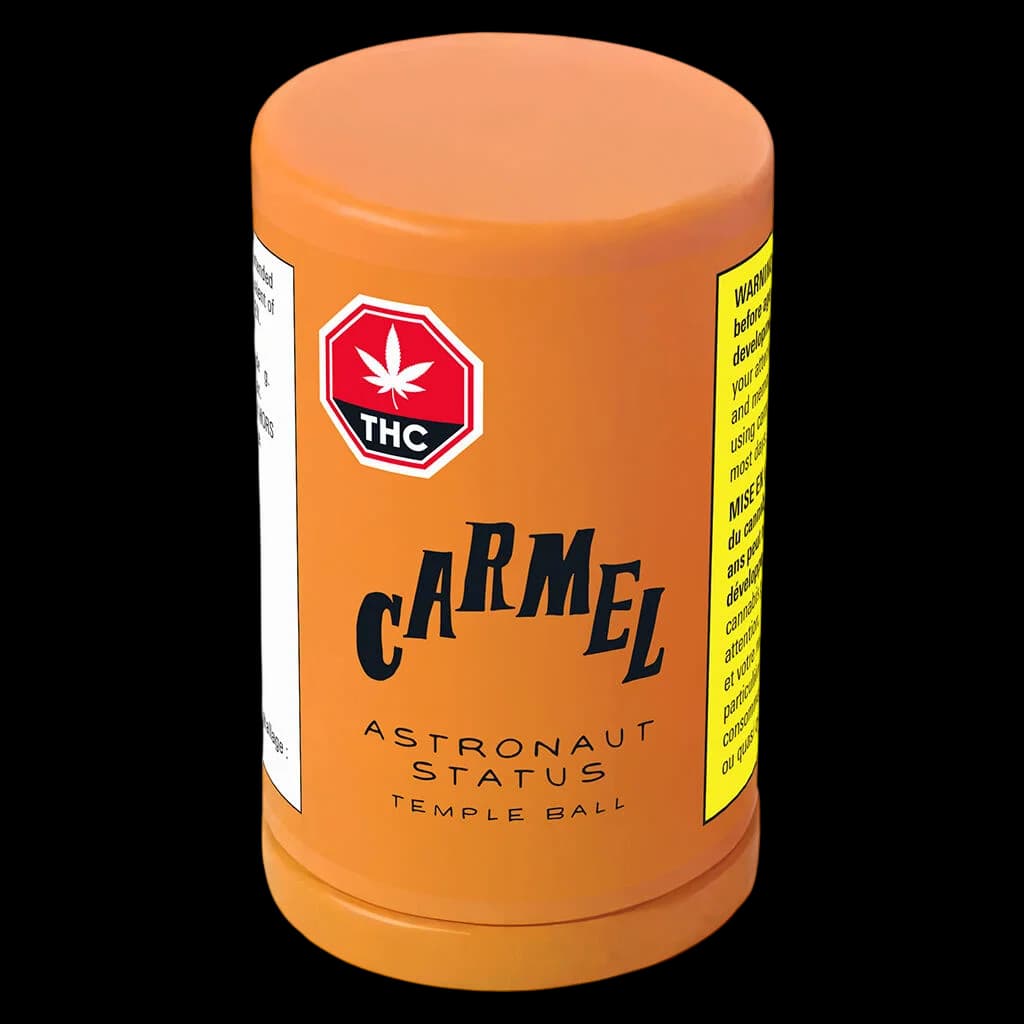 Carmel Astronaut Status Temple Ball cannabis hash in orange cylindrical packaging with red THC warning symbol