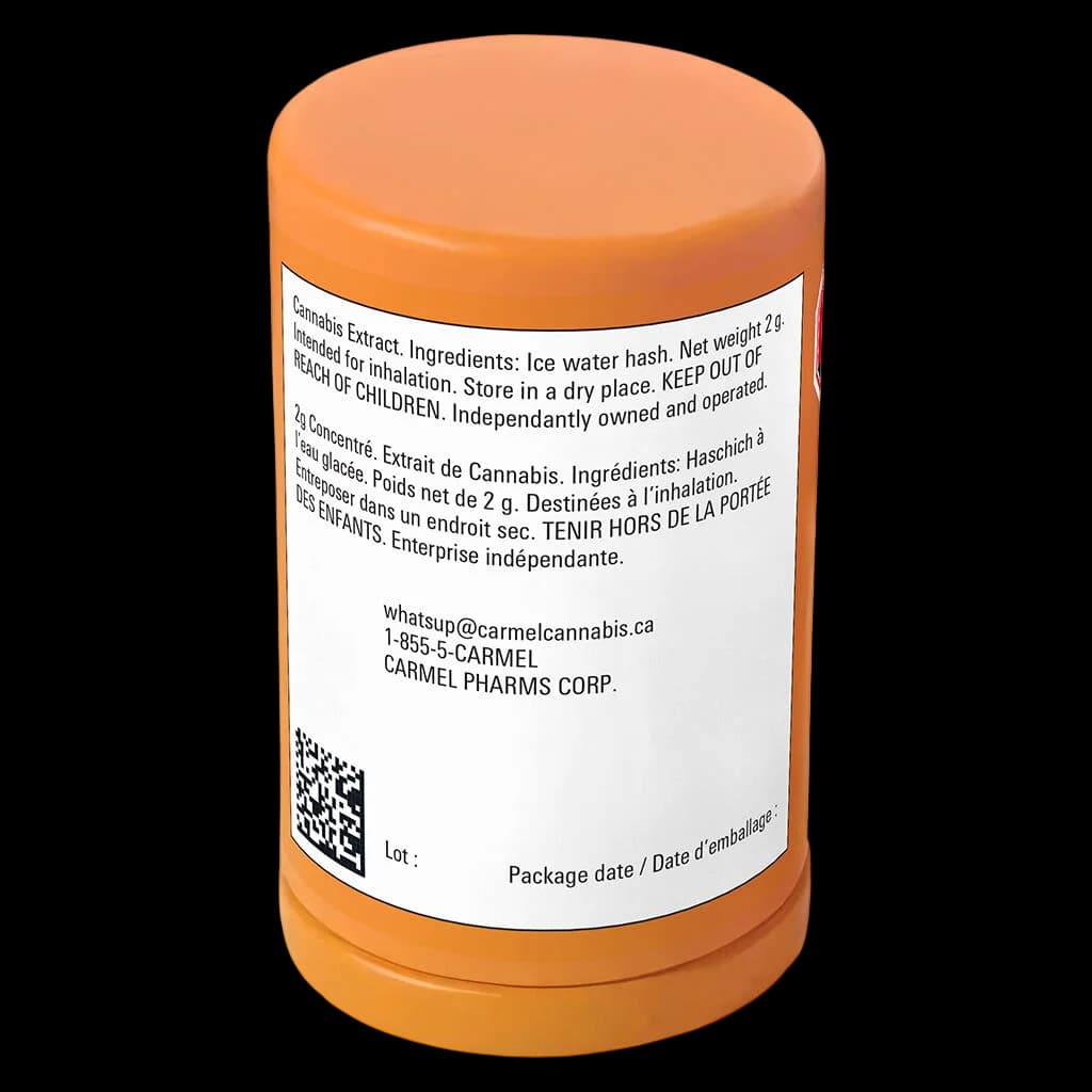 Carmel cannabis extract concentrate, 2g net weight, orange jar with white label showing ingredients and bilingual warnings