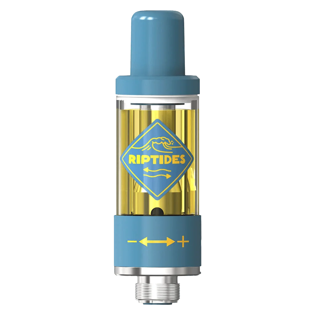 Riptides Hula Hoots 510 thread cartridge with blue cap and gold oil chamber visible