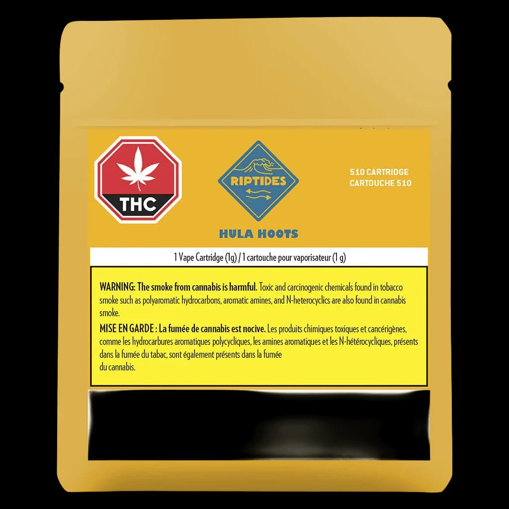 Riptides Hula Hoots 510 cartridge 1g vape with THC warning label on gold pouch