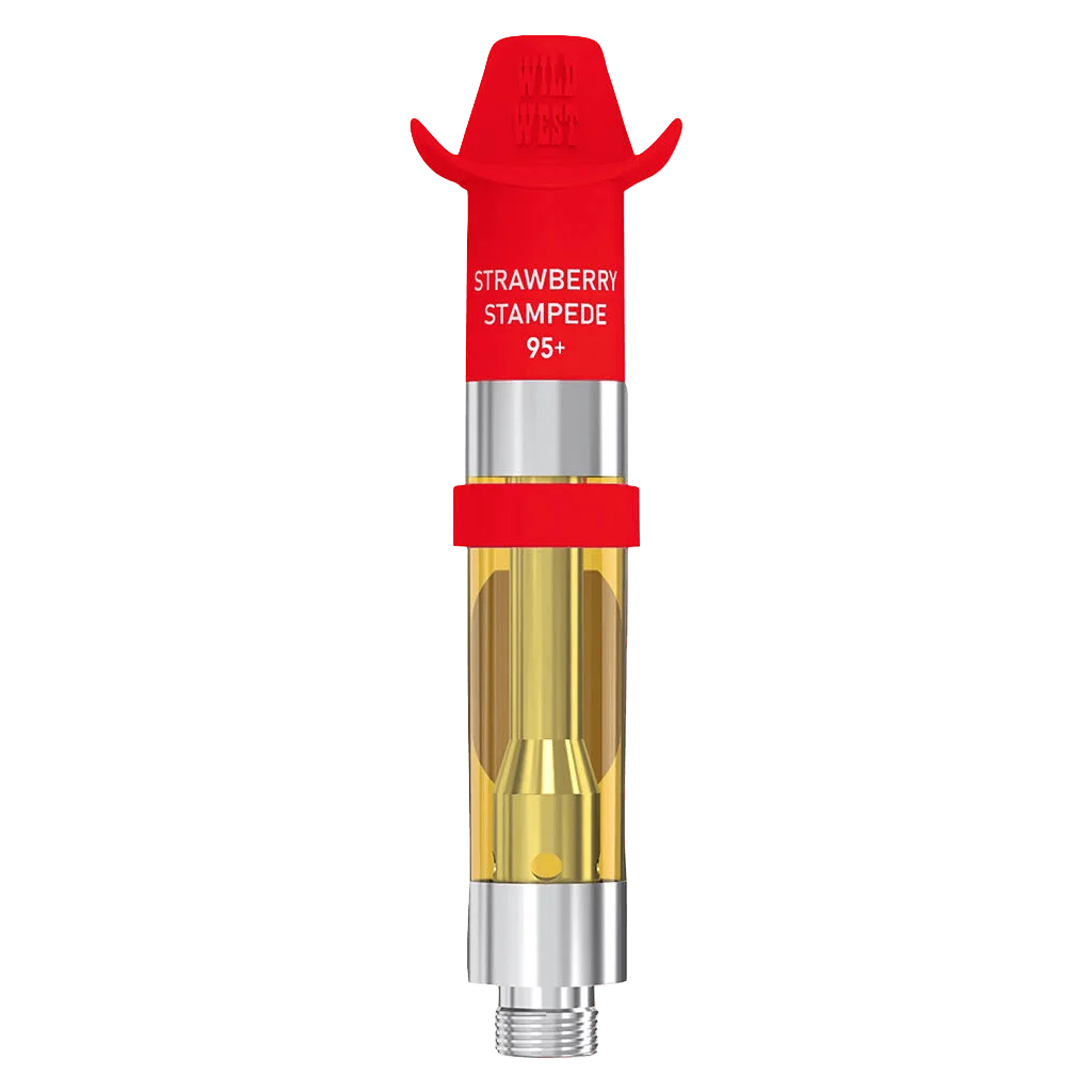 Wild West Strawberry Stampede 95+ cannabis vape cartridge with red cap, gold oil chamber, and silver base