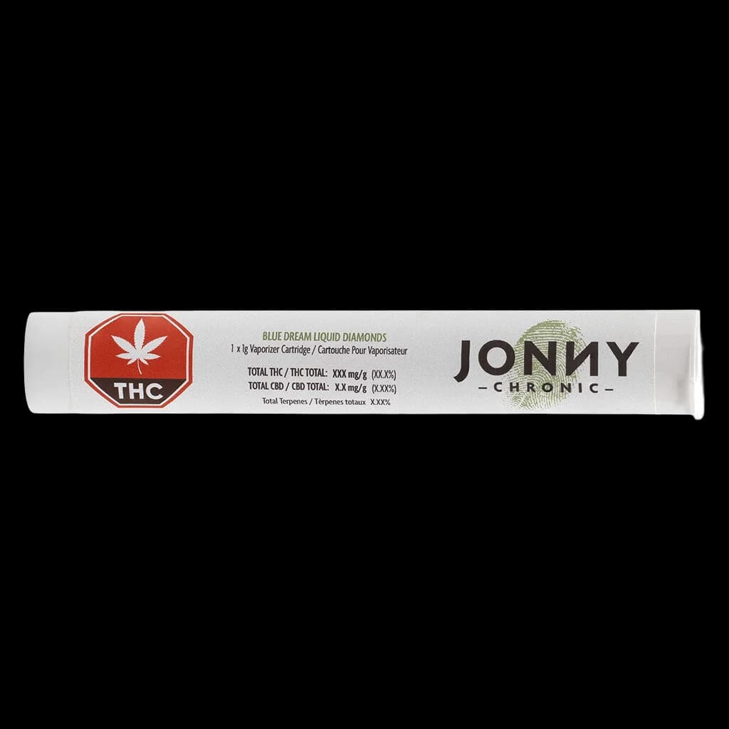 Cartouche de vapotage de cannabis Jonny Chronic Blue Dream Liquid Diamonds 1 g avec étiquette d'avertissement THC