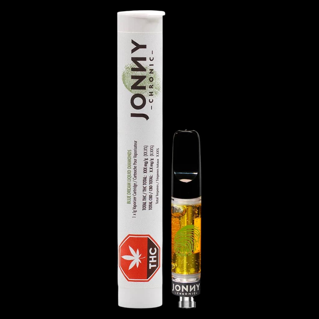 Cartouche de vapotage 510 fils Jonny Chronic Blue Dream Liquid Diamonds avec huile dorée, présentée à côté de son emballage blanc