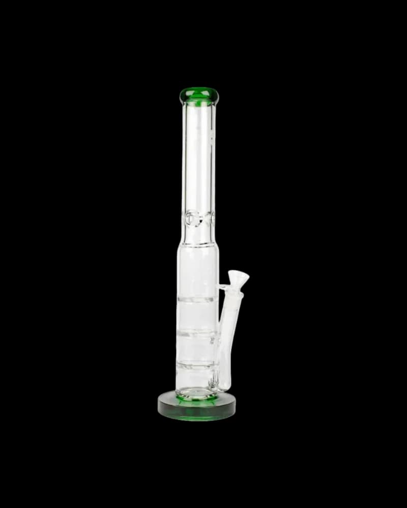 Red Eye Tek Oil Can Base bong with green accents, three turbine percolators, and 7mm bowl joint on white background