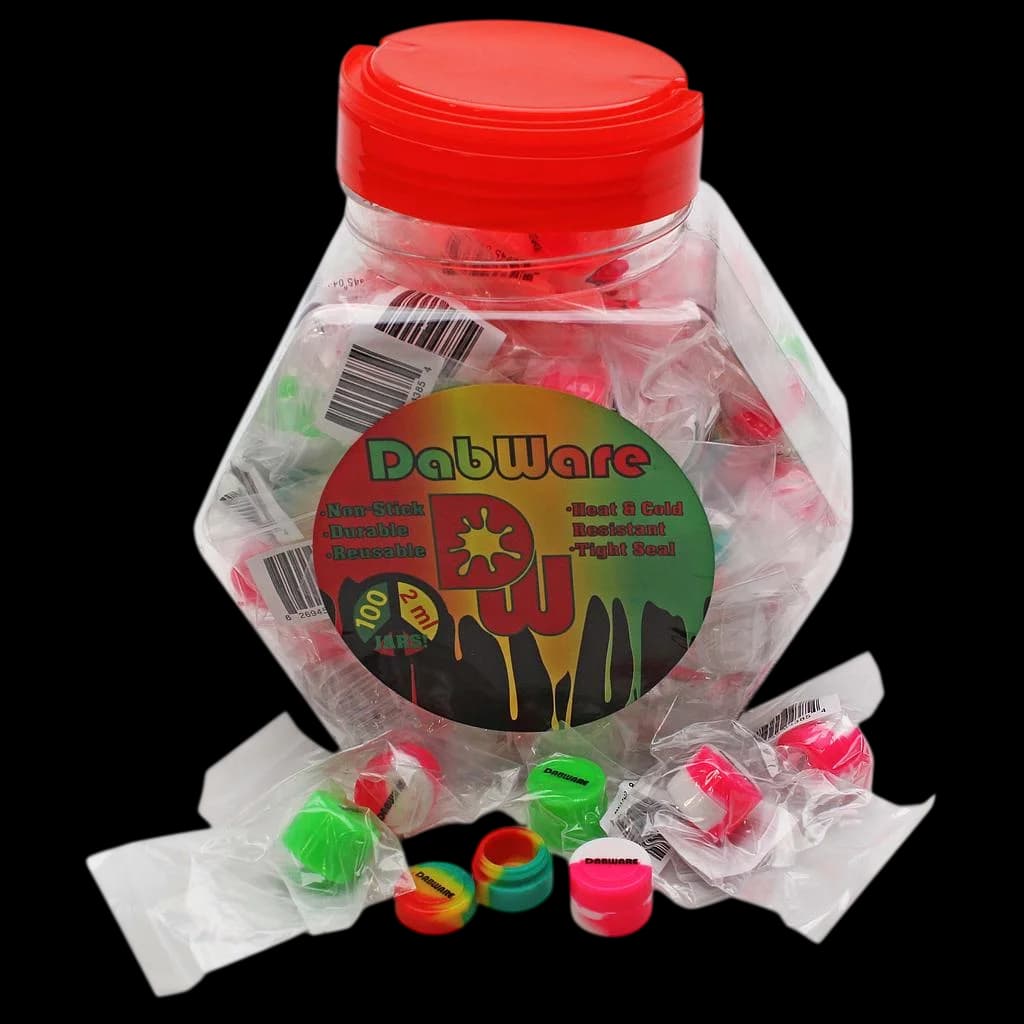 Dabware silicone containers in assorted colors inside clear jar with red lid, featuring non-stick, durable, heat & cold resistant design