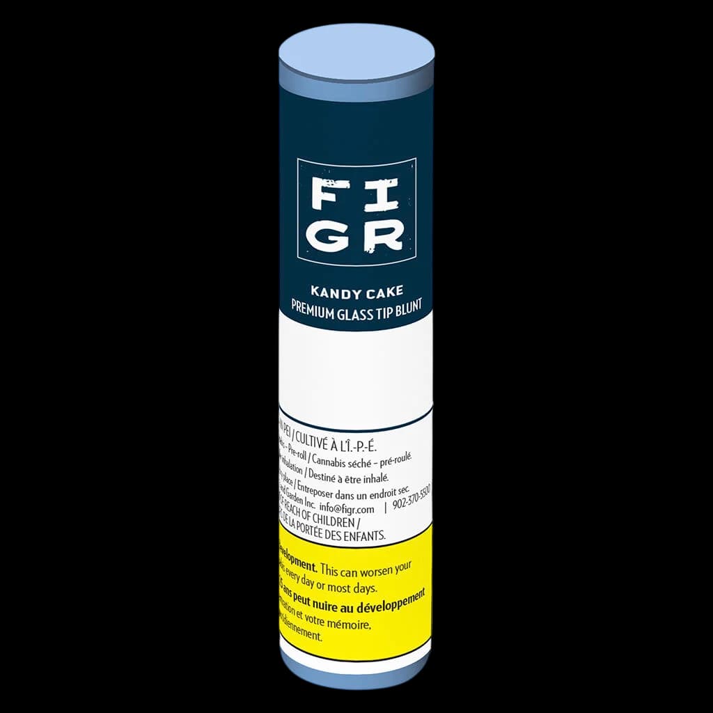 FIGR Kandy Cake Premium Glass Tip Blunt pre-roll with dark teal and white packaging, yellow health warning label