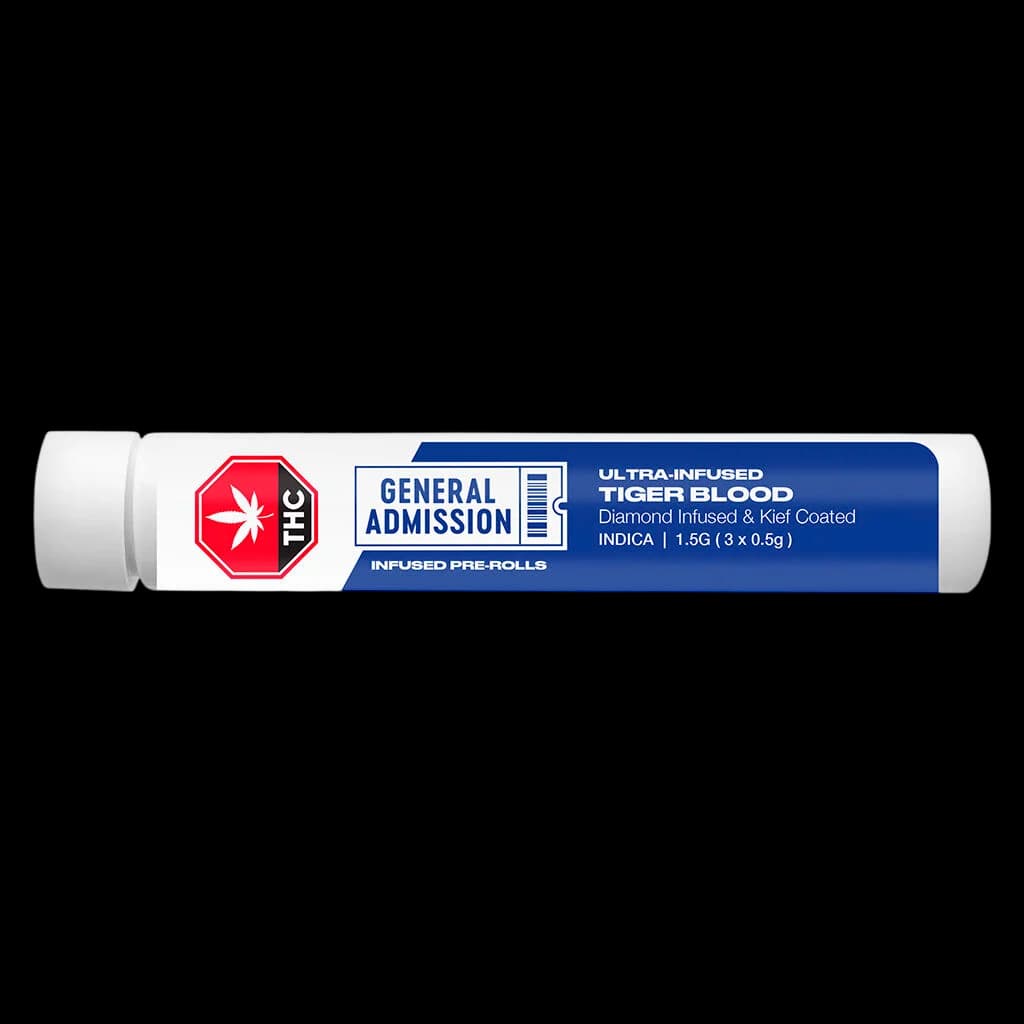 General Admission Tiger Blood Ultra-Infused pre-roll pack, 1.5g indica with diamond infused and kief coated coating, 3 x 0.5g