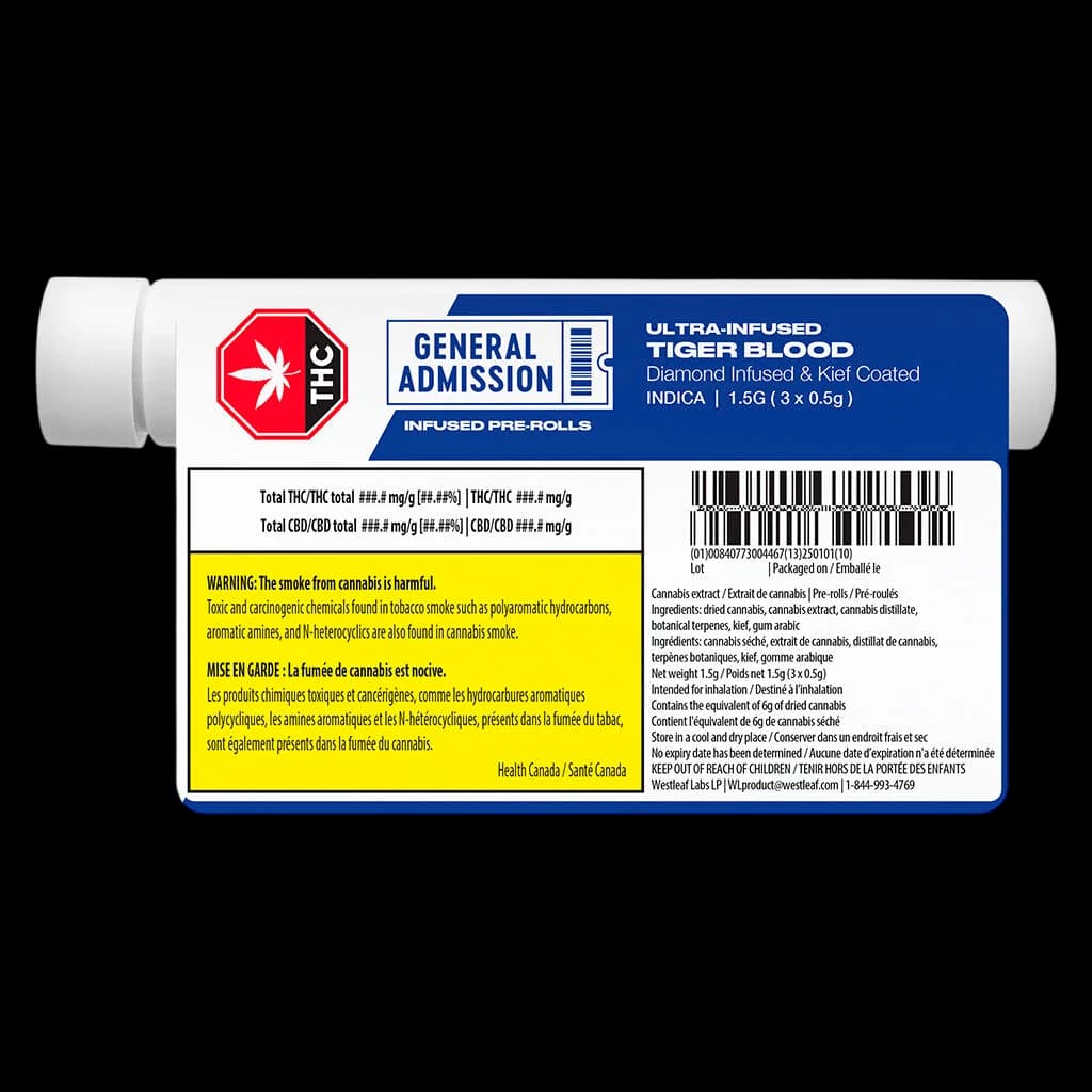General Admission Ultra-Infused Tiger Blood indica pre-roll pack, 1.5g total with diamond infused and kief coating