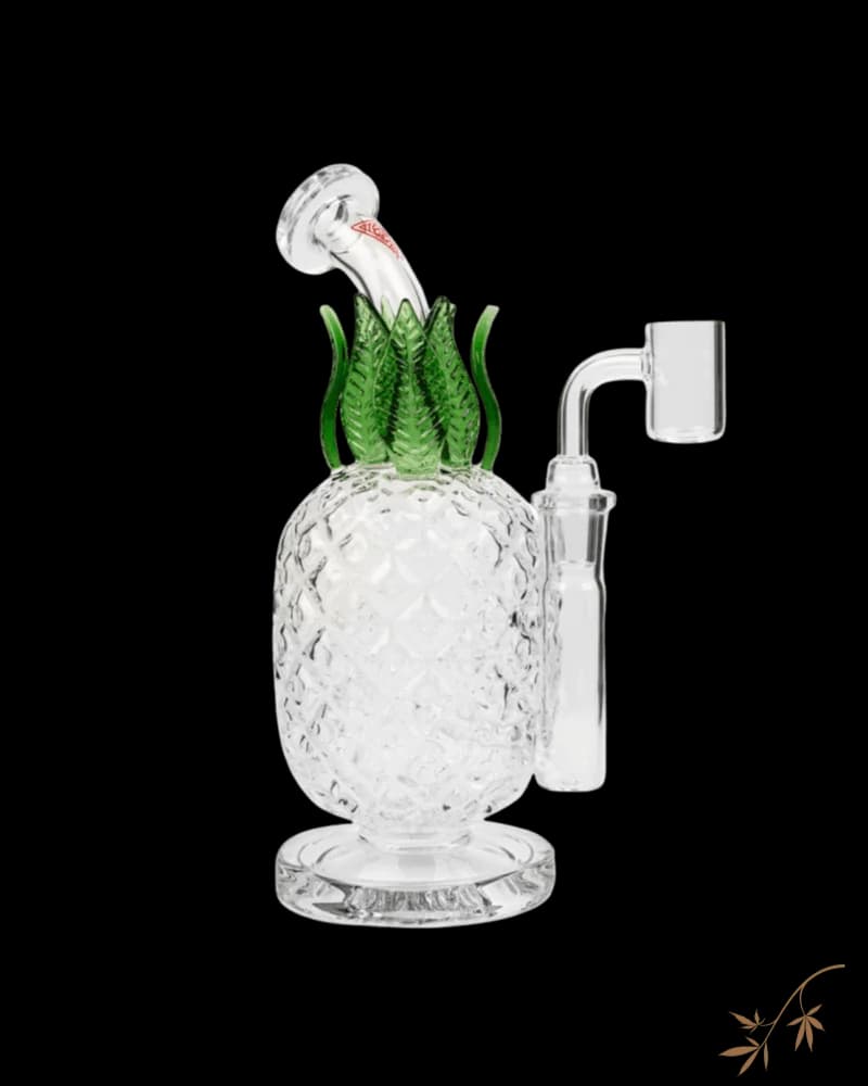 Rig à dab en verre Red Eye Tek en forme d'ananas, 8,5 pouces de hauteur, avec corps transparent texturé et accents de feuilles vertes