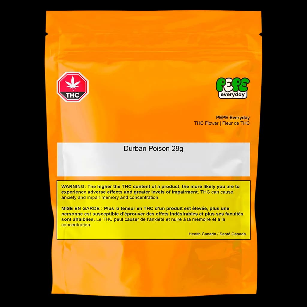 PEPE Everyday Durban Poison 28g cannabis dried flower pouch with orange packaging and Health Canada THC warning label