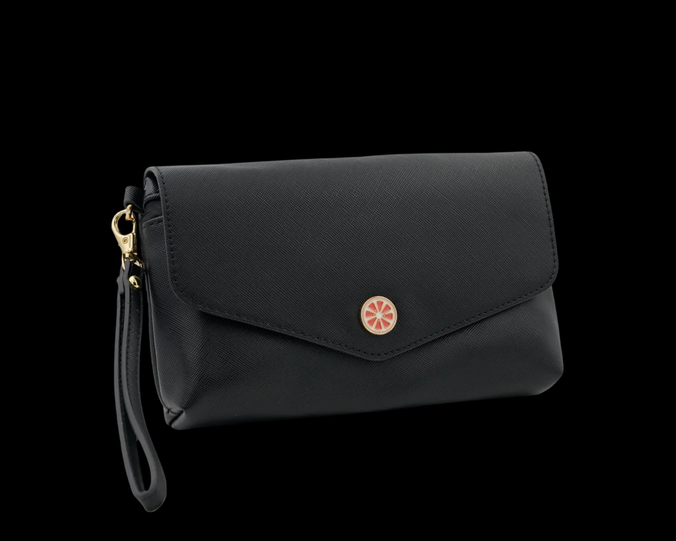 Sac anti-odeurs en cuir Saffiano noir Pamplemooz avec emblème de pamplemousse et dragonne