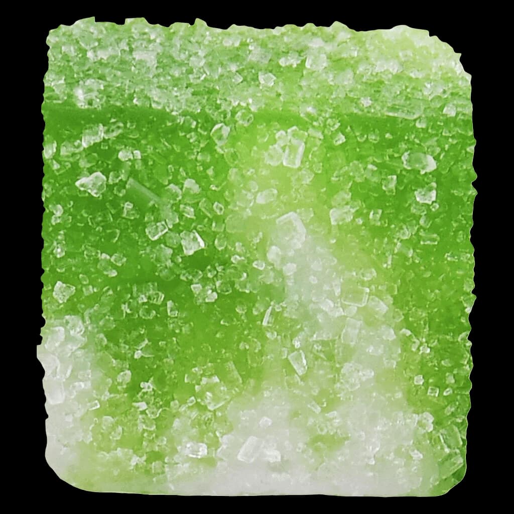 Glenn's Green Apple cannabis soft chews with sugar coating, True Indica Resin formulation