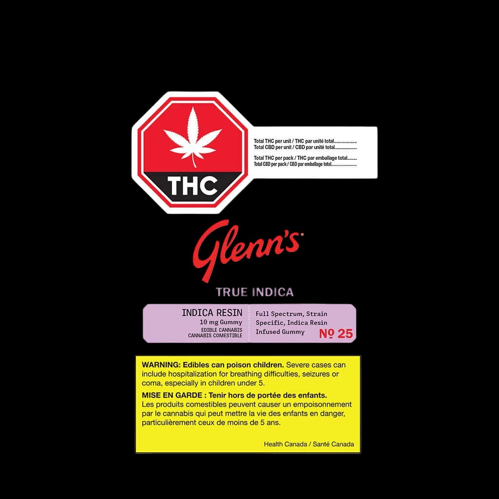 Glenn's True Indica Resin 10mg gummy, full spectrum indica resin infused edible cannabis product