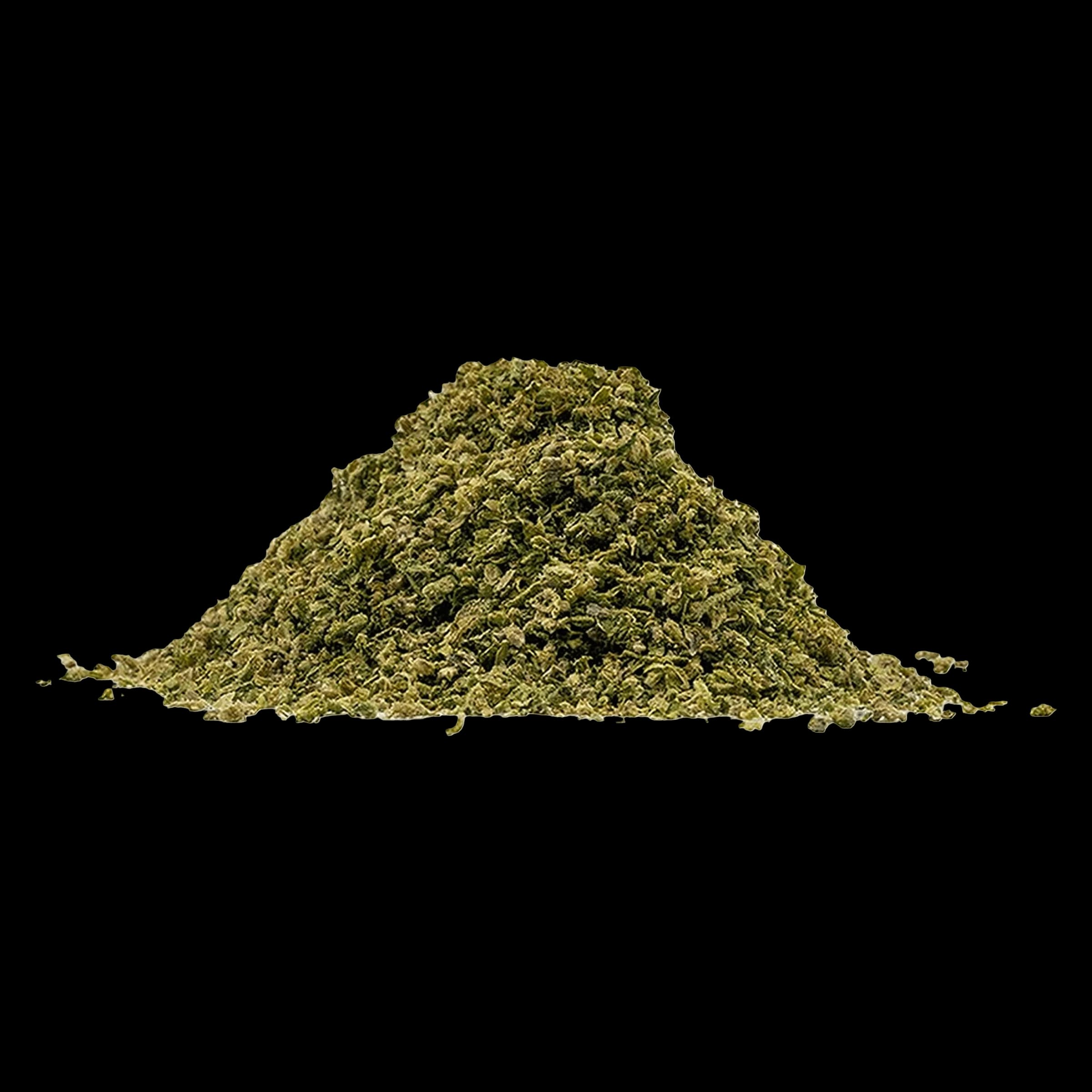 Fleur de cannabis moulue Peach Rizz de General Admission, texture finement broyée de couleur vert olive