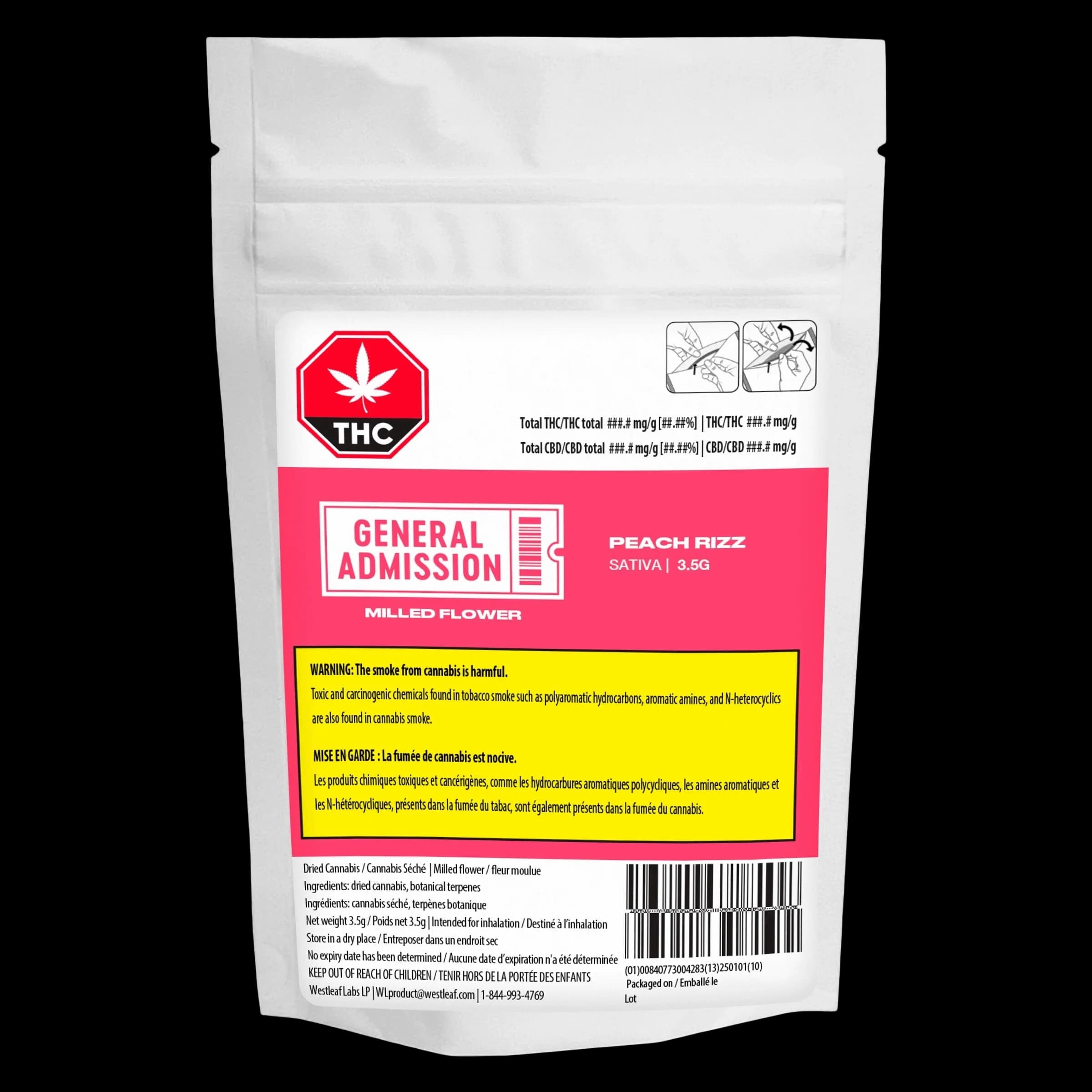 Sachet de 3,5 g de fleur moulue sativa Peach Rizz de General Admission avec symbole d'avertissement THC rouge et étiquette d'avertissement jaune de Santé Canada