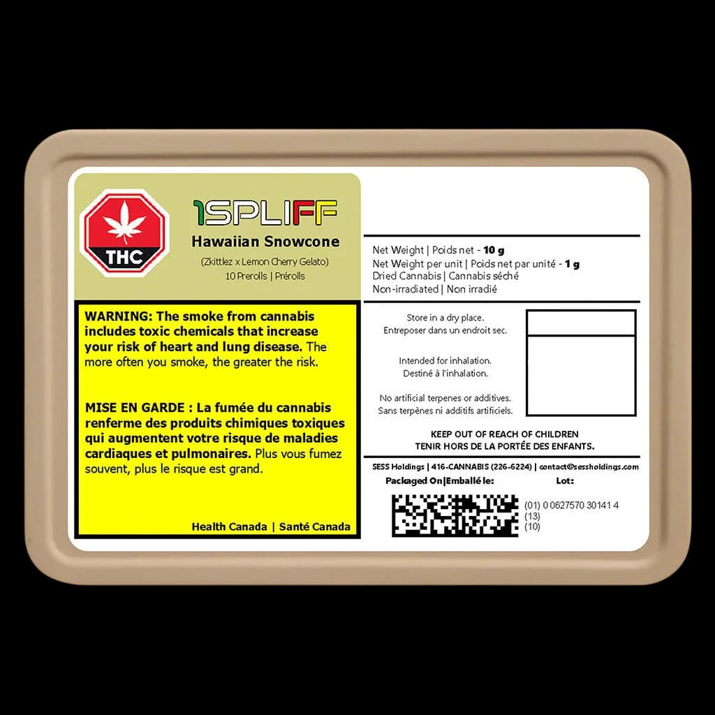 Paquet de pré-roulés 1Spliff Hawaiian Snowcone, format 10 unités, 10 g au total, souche Zkittlez x Lemon Cherry Gelato
