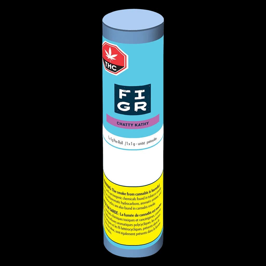 Paquet de pré-roulés FIGR Chatty Kathy, 1x1g, cylindre turquoise avec symbole THC et étiquette d'avertissement jaune de Santé Canada