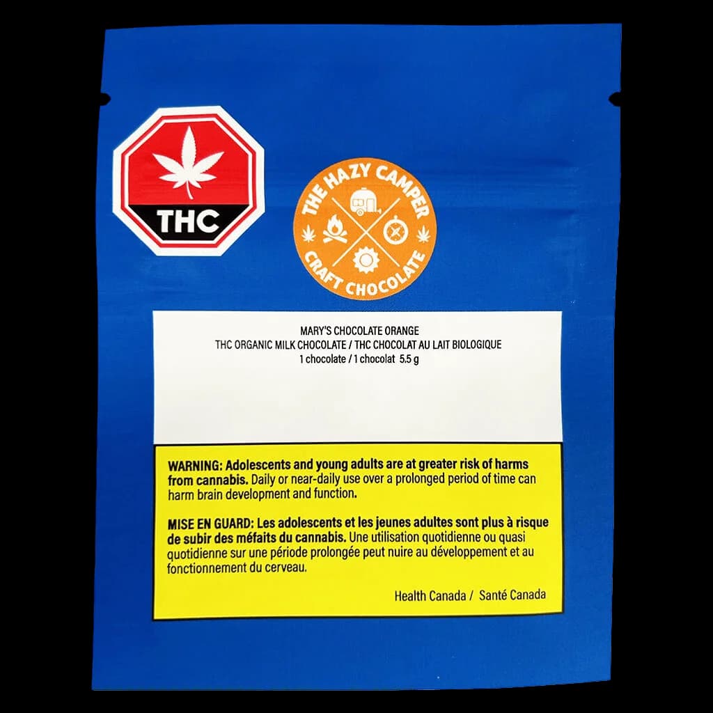 Chocolat au lait biologique à l'orange chocolatée Mary's avec THC, 5,5 g de chocolat comestible individuel dans un emballage bleu avec symbole d'avertissement THC rouge et étiquette d'avertissement pour les jeunes de Santé Canada