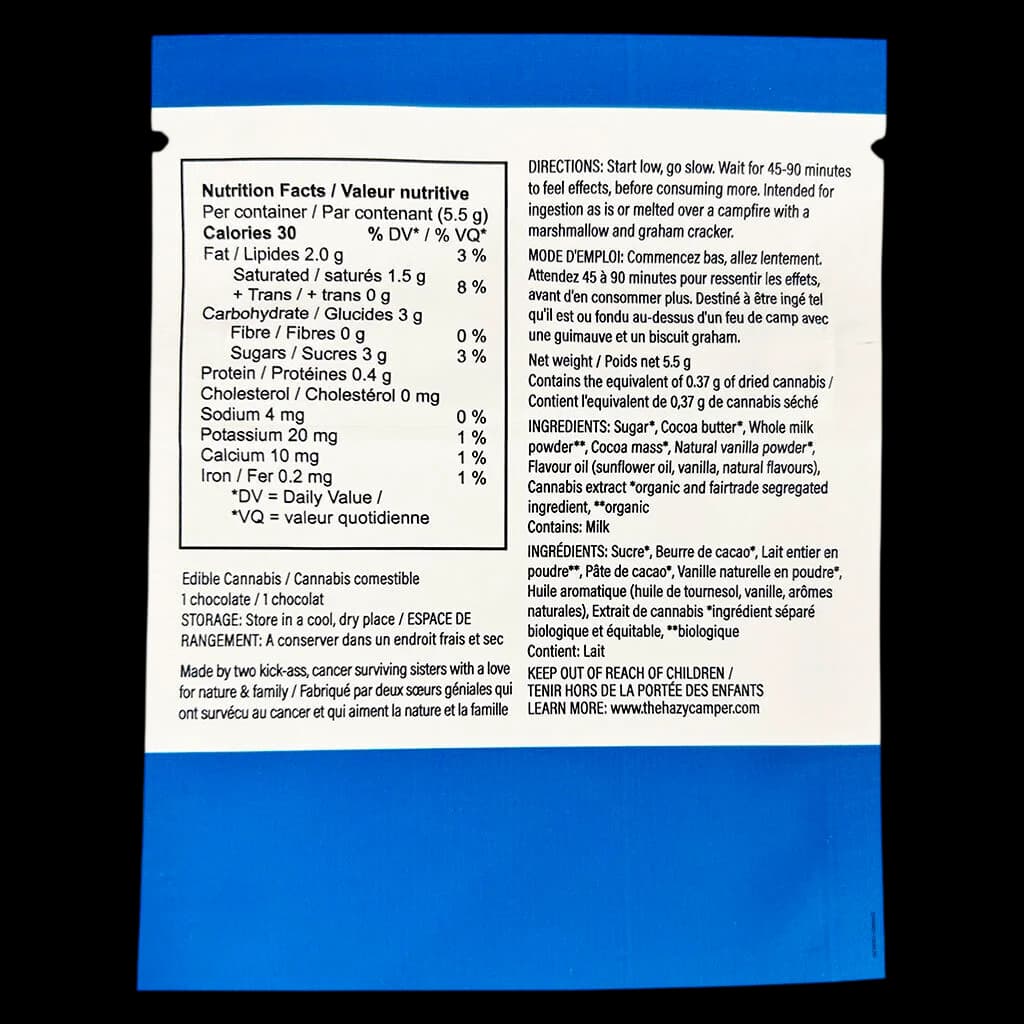 Étiquette arrière du chocolat au cannabis comestible Mary's Chocolate Orange de The Hazy Camper présentant les valeurs nutritives, les ingrédients et les directives de dosage pour un poids net de 5,5 g