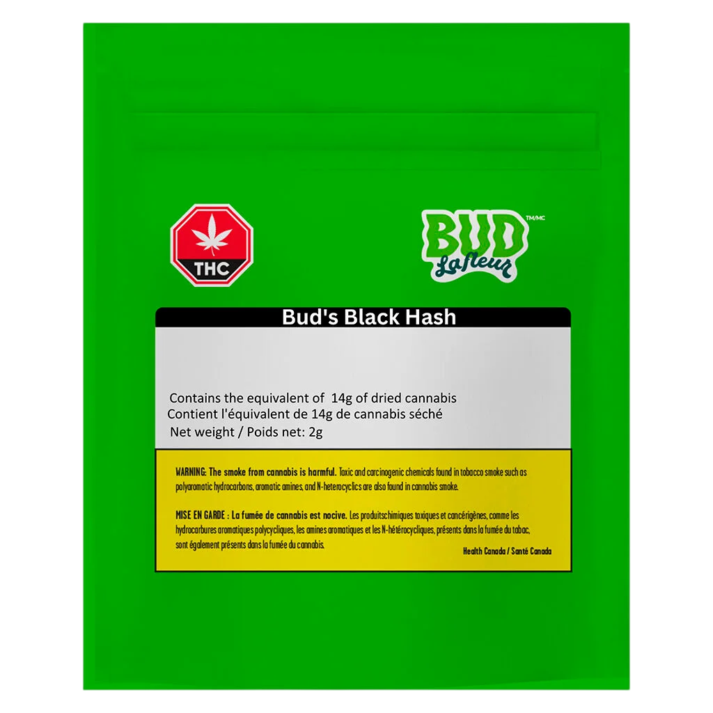 Bud Lafleur Black Hash 2g cannabis concentrate package front with THC warning symbol and Health Canada warning label on green background