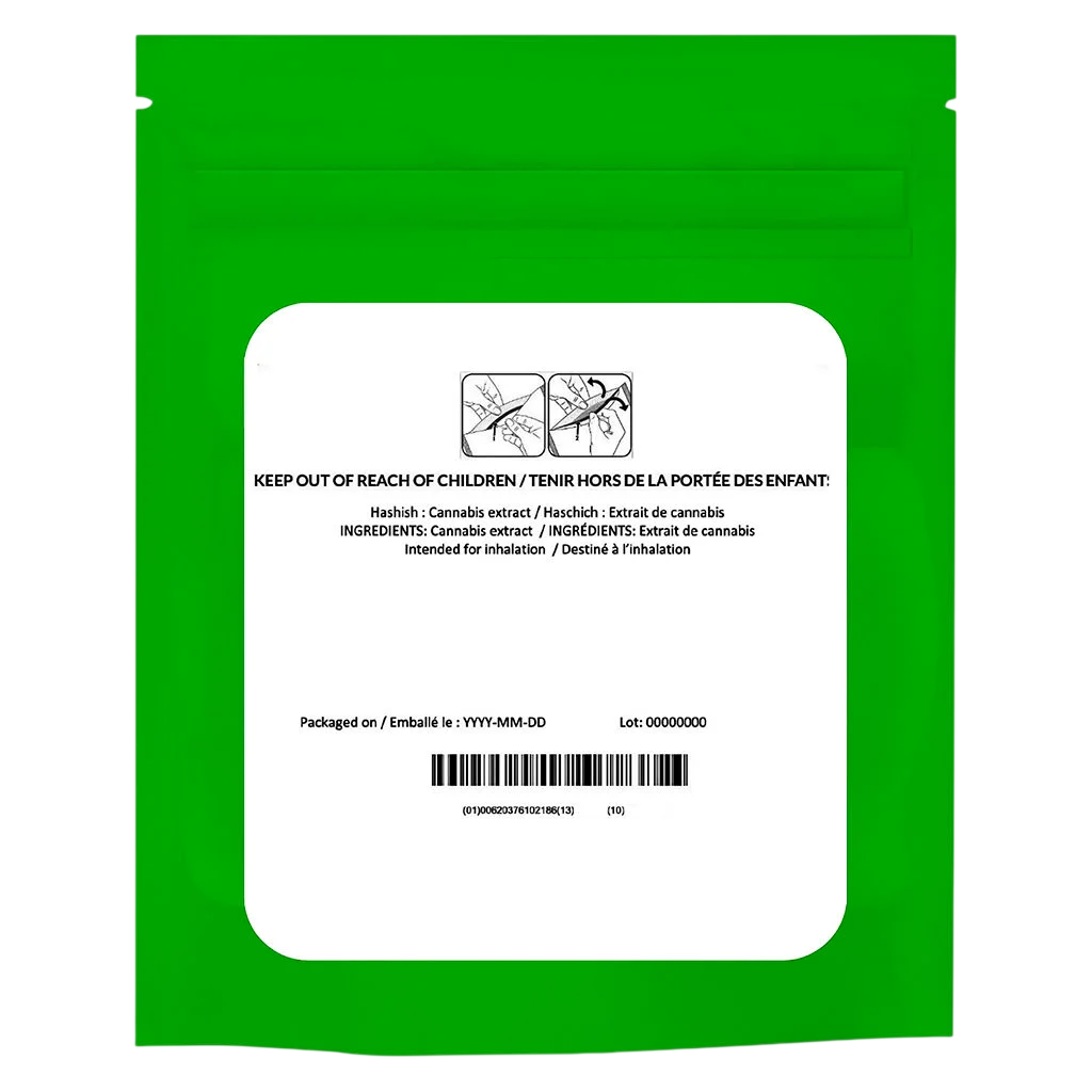 Bud's Black Hash cannabis extract package rear label with child safety warnings, bilingual ingredients, barcode, and lot number on bright green pouch