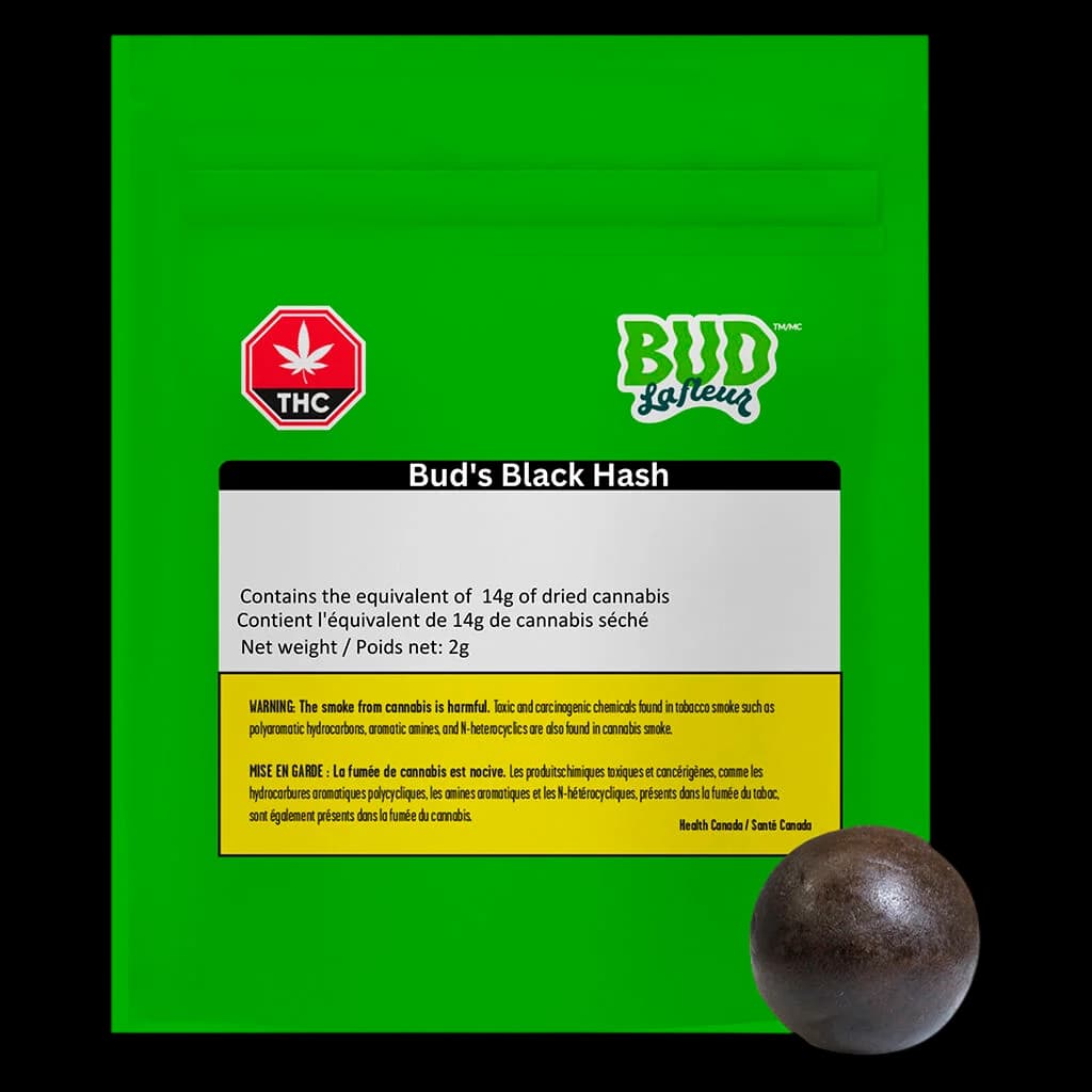 Bud's Black Hash 2g cannabis concentrate beside packaging with THC warning label and Health Canada warning on bright green background