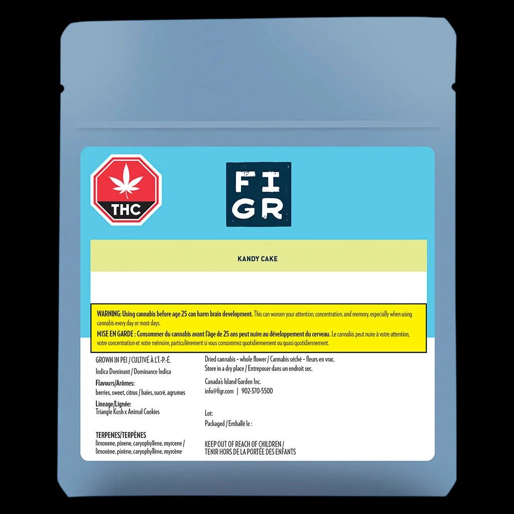 FIGR Kandy Cake dried flower package front with THC warning symbol, strain name on yellow banner, and Health Canada warning label